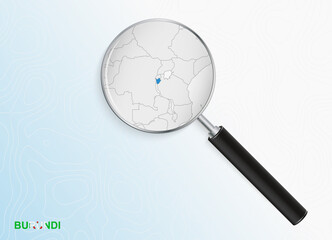 Magnifier with map of Burundi on abstract topographic background.