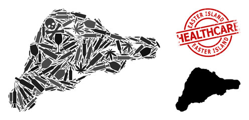 Vector addiction mosaic map of Easter Island. Scratched health care round red seal stamp. Template for narcotic addiction and health care proclamations.