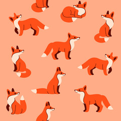Simple seamless trendy animal pattern with fox in various poses. Outline vector illustration.