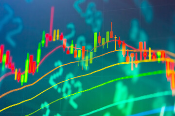 Stock market data on digital LED display. A daily market price and quotation of prices chart and candle stick tracking for Forex trading. Financial data on the digital screen as concept.