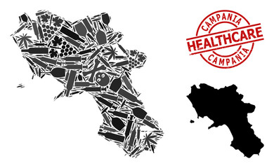 Vector addiction mosaic map of Campania region. Grunge health care round red watermark. Template for narcotic addiction and health care doctrines.