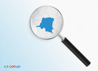 Magnifier with map of DR Congo on abstract topographic background.