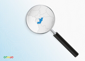 Magnifier with map of Congo on abstract topographic background.