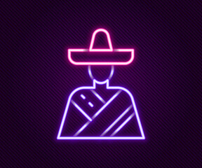Glowing neon line Mexican man wearing sombrero icon isolated on black background. Hispanic man with a mustache. Colorful outline concept. Vector