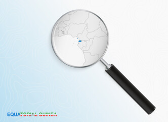 Magnifier with map of Equatorial Guinea on abstract topographic background.