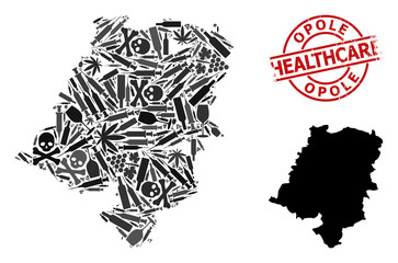 Vector addiction mosaic map of Opole Province. Grunge healthcare round red badge. Concept for narcotic addiction and healthcare posters. Map of Opole Province is created with injection needles, toxin,