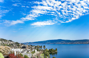 Lake Zurich in Wollerau, canton of Schwyz in Switzerland, Zurichsee, Swiss mountains landscape,...