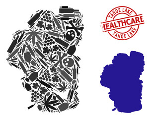 Vector addiction mosaic map of Tahoe Lake. Grunge health care round red seal stamp. Template for narcotic addiction and health care posters. Map of Tahoe Lake is constructed of injection needles,