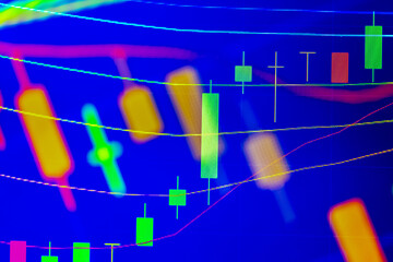 Stock market data on digital LED display. A daily market price and quotation of prices chart and candle stick tracking for Forex trading. Financial data on the digital screen as concept.