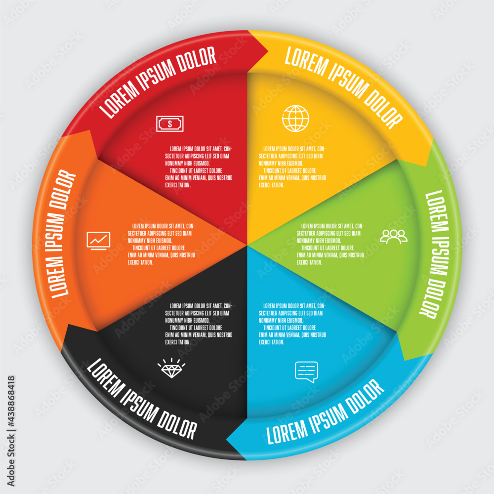 Poster vector infographic design template circle chart with arrows process diagram. business icon 6 step de