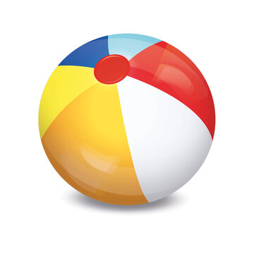 beach ball glossy with shadow and highlights vector illustration. Colorful white, red, yellow and blue beach ball on a white background.