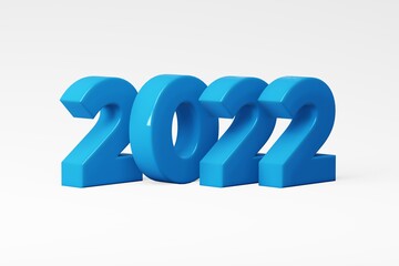 Inscription 2022. Volumetric blue plastic numbers on a white background. 3d render.