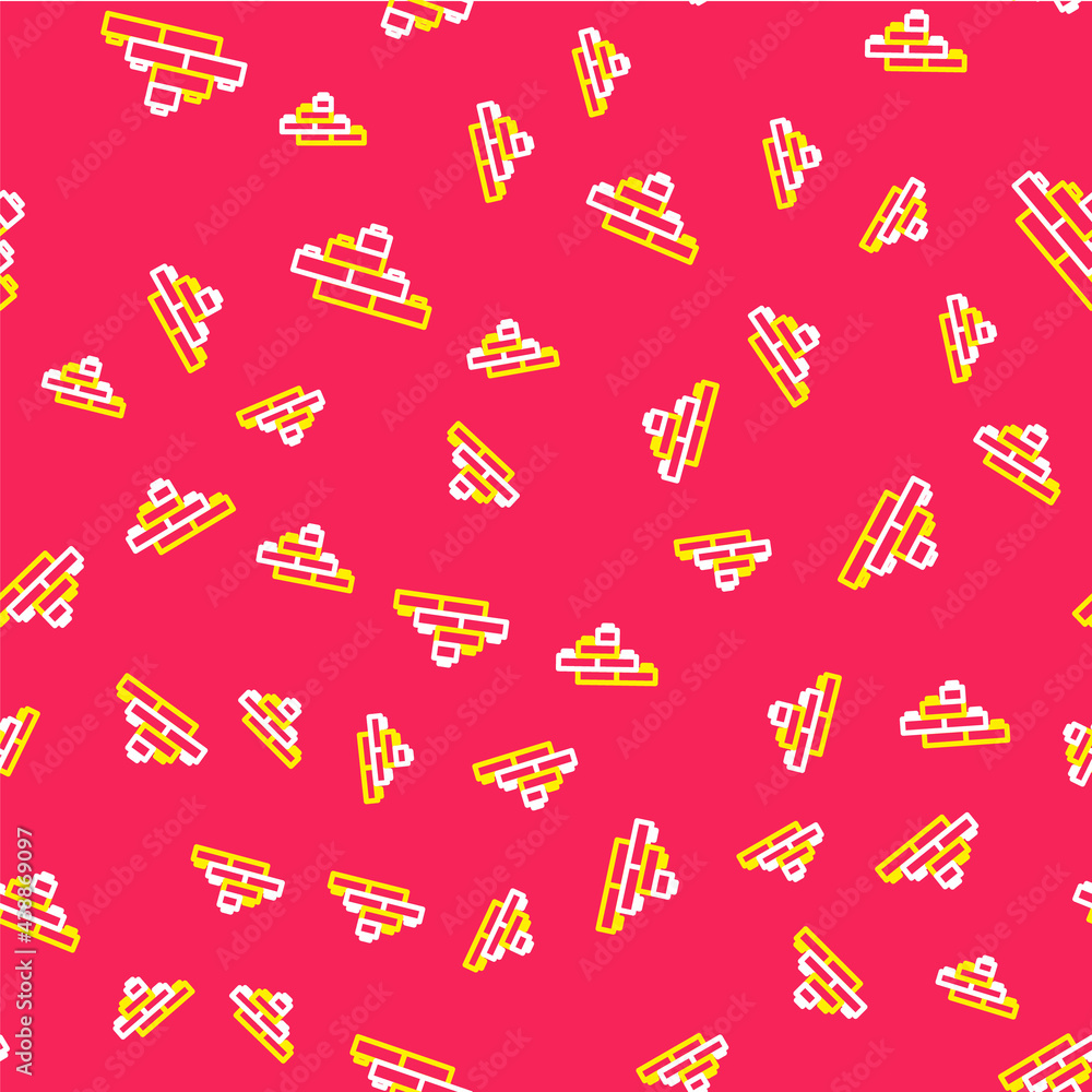 Aufkleber Line Toy building block bricks for children icon isolated seamless pattern on red background. Vector