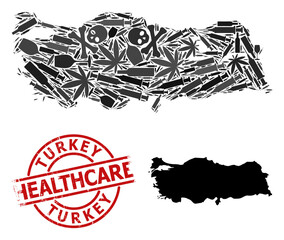 Vector addiction collage map of Turkey. Rubber health care round red stamp. Concept for narcotic addiction and health care purposes. Map of Turkey is shaped with inoculation needles, toxin, medicine,