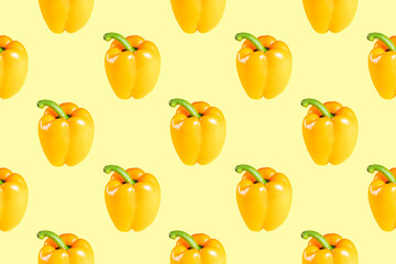 Seamless pattern of whole yellow peppers with a green branch on a light background