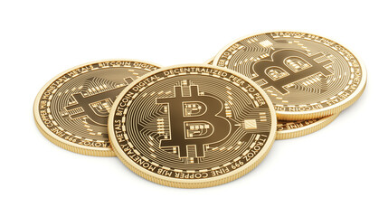 Golden coins with bitcoin symbol. Render 3D. Bitcoin. Cryptocurrency. Digital currency. Isolated on white background