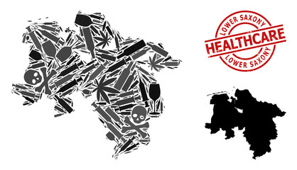 Vector addiction mosaic map of Lower Saxony State. Grunge health care round red imprint. Concept for narcotic addiction and health care posters.