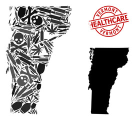 Vector narcotic mosaic map of Vermont State. Scratched health care round red rubber imitation. Concept for narcotic addiction and health care purposes.