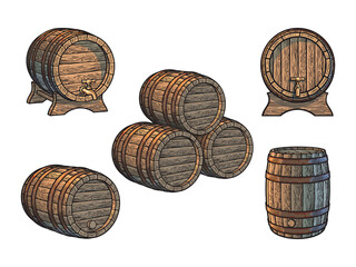 Vintage set of old wooden barrels for beer, wine, whisky, rum in different positions. Vector illustration.