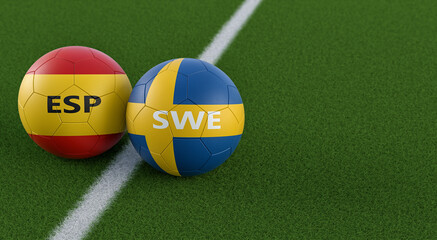 Spain vs. Sweden Soccer Match - Leather balls in Spain and Sweden national colors. 3D Rendering 