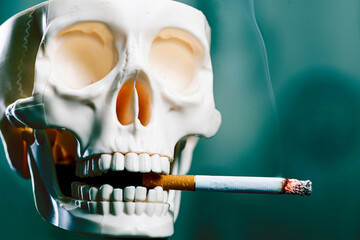 Skull smokes a cigarette, copy space. Smoking kills