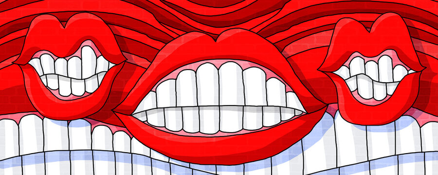 mouth Lips close up and teeth design element isolated collection stylish colorful different shades of lipstick beauty make up expressing different emotions art paint illustration design creative backg