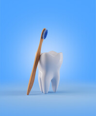 Tooth  with  wooden toothbrush. Render 3d illustration