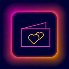 Glowing neon line Greeting card icon isolated on black background. Celebration poster template for invitation or greeting card. Colorful outline concept. Vector