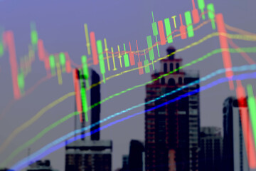 Financial data of stock market in term of a digital prices on LED display. A number of daily market price and quotation of prices chart to represent candle stick tracking in Forex trading.	