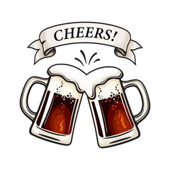 Two toasting beer mugs. Cheers. text on old ribbon banner. Vector illustration isolated on white background.
