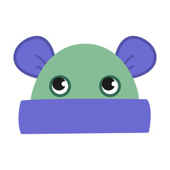 Green children s Hat with blue ears. Accessory In the form of a mouse head with eyes. Vector illustration of clothes, isolated on white background. Flat minimalism style in trendy colors