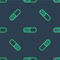 Line Vitamin complex of pill capsule icon isolated seamless pattern on blue background. Healthy lifestyle. Vector