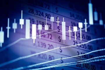 Candlestick chart in financial stock market on digital number background. Forex trading graphic design and Stock market trading trend as concept.