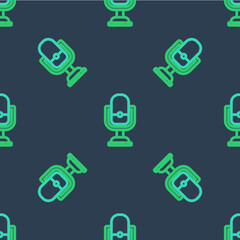 Line Microphone icon isolated seamless pattern on blue background. On air radio mic microphone. Speaker sign. Vector