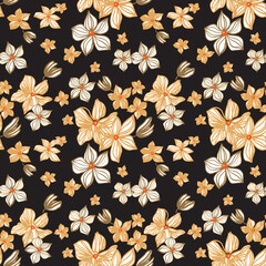 Seamless repeat pattern with yellow flowers on black background. Hand drawn fabric, gift wrap, wall art design