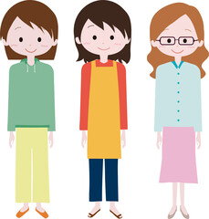 おしゃれファッションの全身女性イラスト3人セット