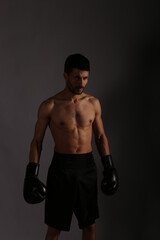 Fototapeta na wymiar Young boxer on gray background