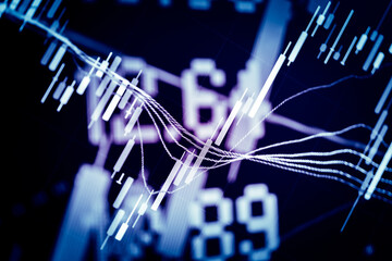 Candlestick chart in financial stock market on digital number background. Forex trading graphic design and Stock market trading trend as concept.	