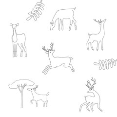 Set of vector black and white deer for coloring. Textile, wallpaper, child's play