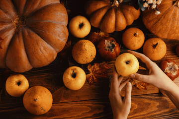 Background of pumpkins, apples and persimmons. Autumn harvest on a wooden table. Vegetables and fruits in your hands. The concept of thanksgiving, harvest festival. - Powered by Adobe
