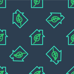 Line Eco friendly house icon isolated seamless pattern on blue background. Eco house with leaf. Vector