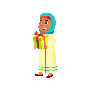 cute muslim girl getting gift box on birthday cartoon vector. cute muslim girl getting gift box on birthday character. isolated flat cartoon illustration