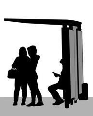 People are standing at the bus stop. Isolated silhouettes on white background