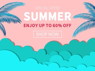Fototapeta na wymiar Vector illustration. Banner for summer sale. Special offer poster. Web page for summer sale. Shop now. Summer background with palms. Paper cutout style