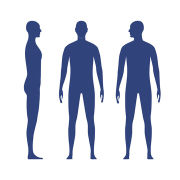 Front and side views human body silhouette of an adult male. Shadow of a standing man with a head turned to the shoulder.