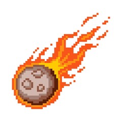 Falling fiery pixel meteor. Flaming asteroid rushing towards planet burning fire with glowing meteorite core red flame after powerful explosion with vector sparks