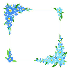 Square flower frame on a white background. Blue forget-me-not flowers. Ideal for creating invitations, greeting cards. Vector. All elements are isolated.