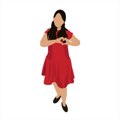 woman stands in a red dress with black hair. Hands in the shape of a love heart. A woman makes a heart with her hands