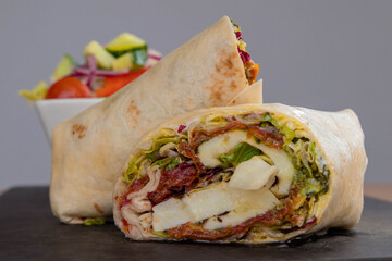 Halloumi cheese wrap with lettuce and pesto