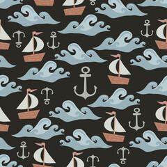 Seamless pattern on the marine theme. Vector image on a black background. Illustration in children's cartoon style. For fabrics, wallpaper